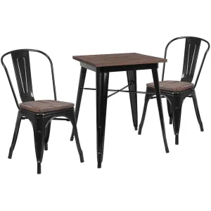 23.5" Square Black Metal Table Set With Wood Top And 2 Stack Chairs By Flash Furniture