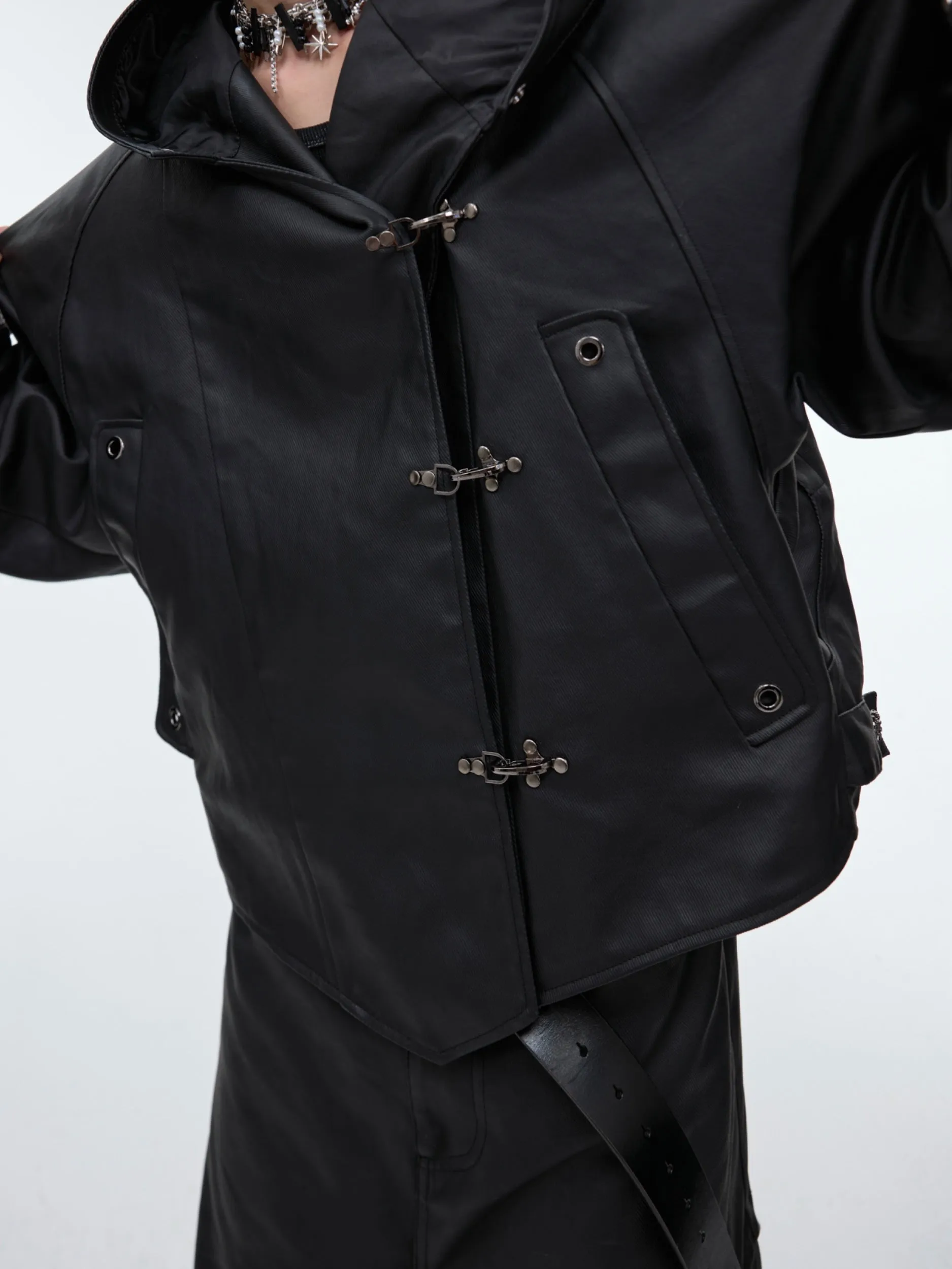 【24s Sep.】Hooded Leather Jacket with Metal Button Detail