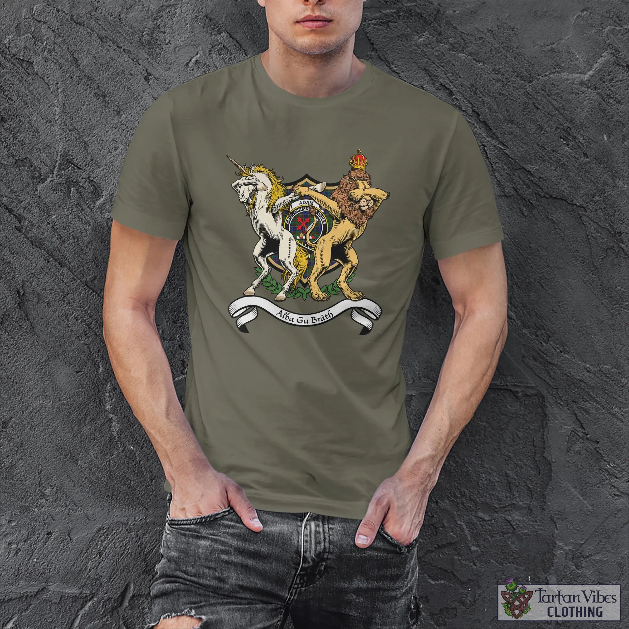 Adam Family Crest Cotton Men's T-Shirt with Scotland Royal Coat Of Arm Funny Style