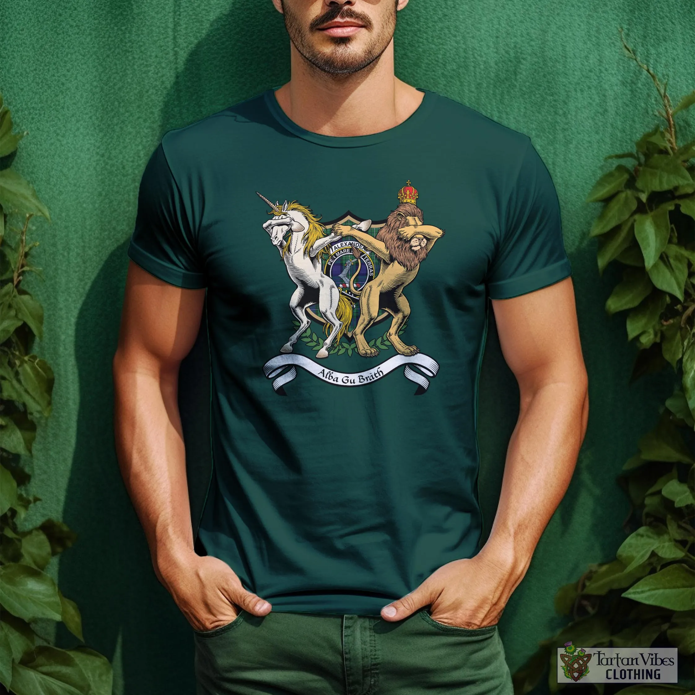 Alexander Family Crest Cotton Men's T-Shirt with Scotland Royal Coat Of Arm Funny Style