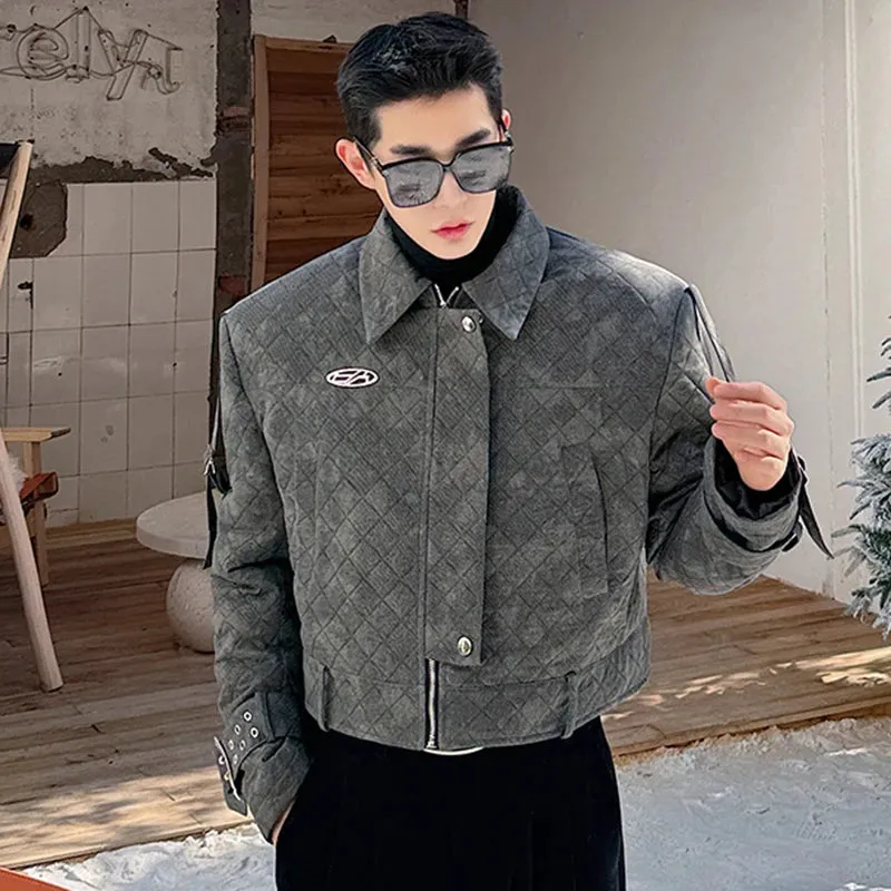 Argyle Male Padded Jacket Lapel Buckle Design Zipper Gradient Color Men's Short Cotton Coats American Style 9C3926