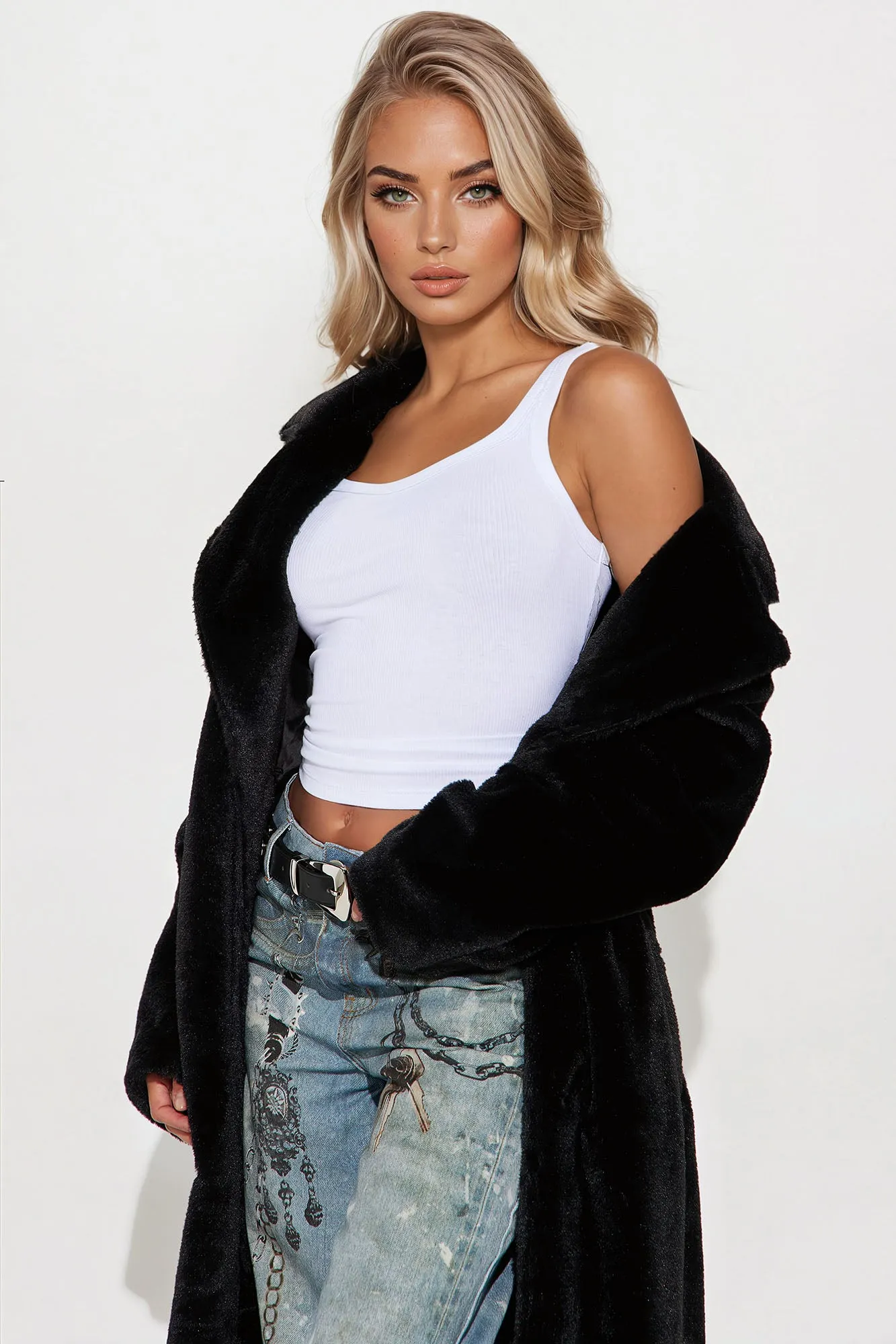 Ashley Faux Fur Trench Coat - Black