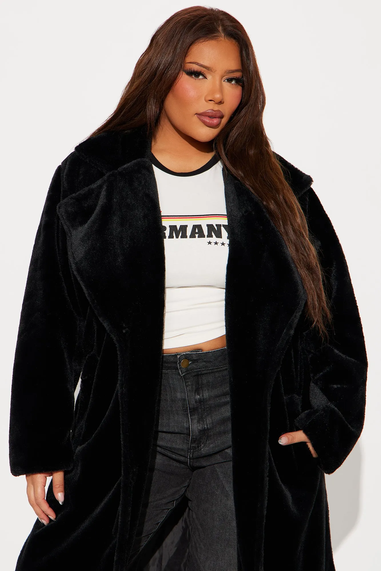 Ashley Faux Fur Trench Coat - Black