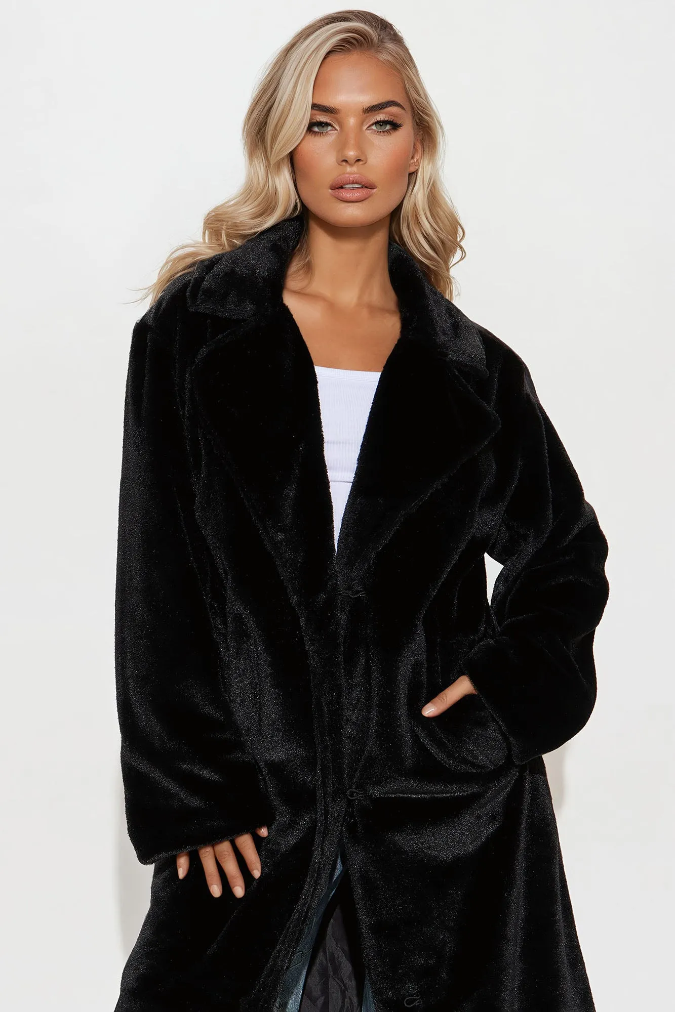 Ashley Faux Fur Trench Coat - Black