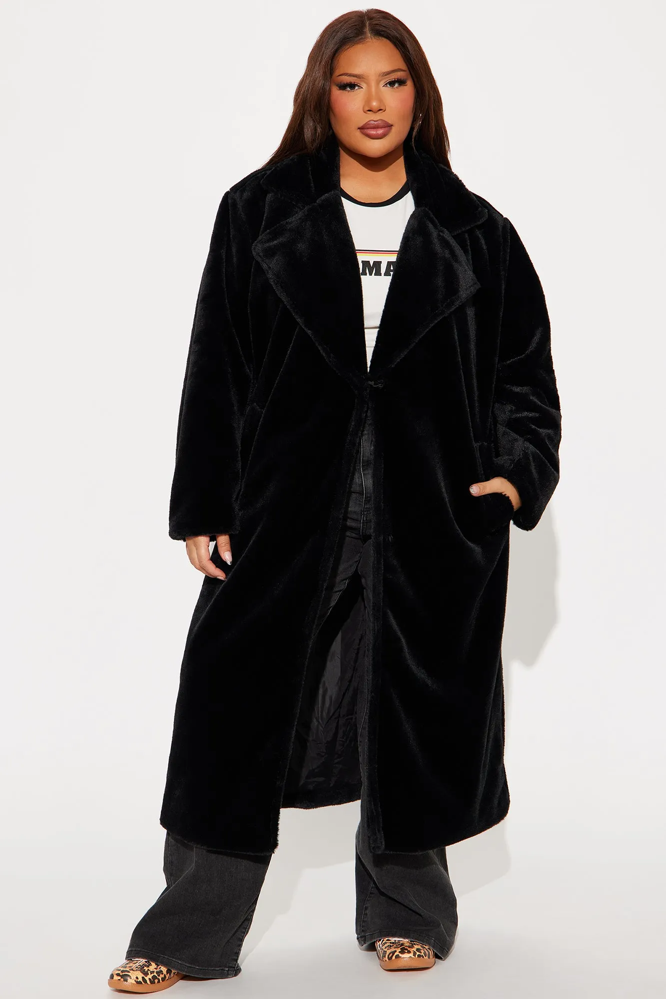 Ashley Faux Fur Trench Coat - Black