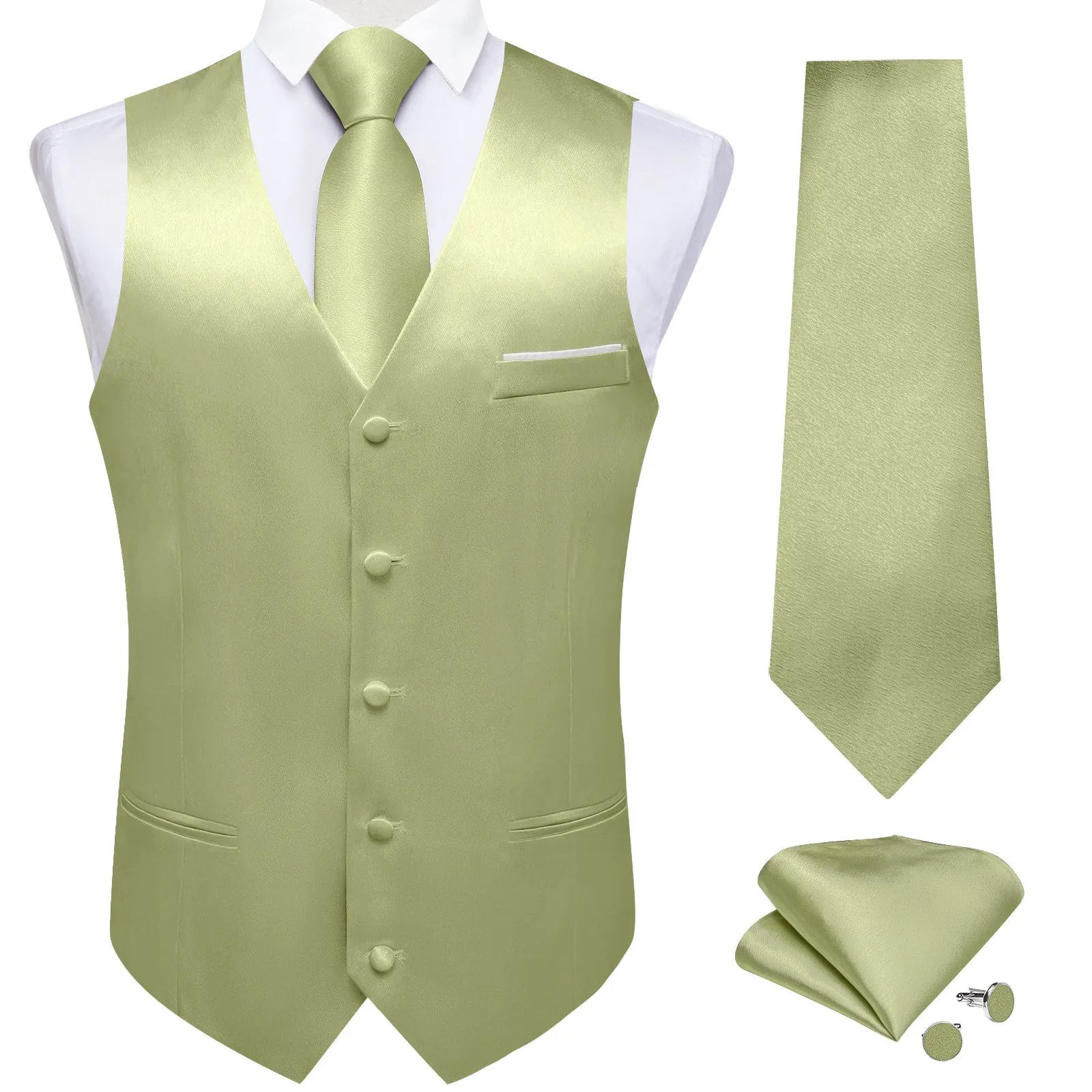 Avocado Green Solid Shining Silk Formal Men's Vest Hanky Cufflinks Tie Set