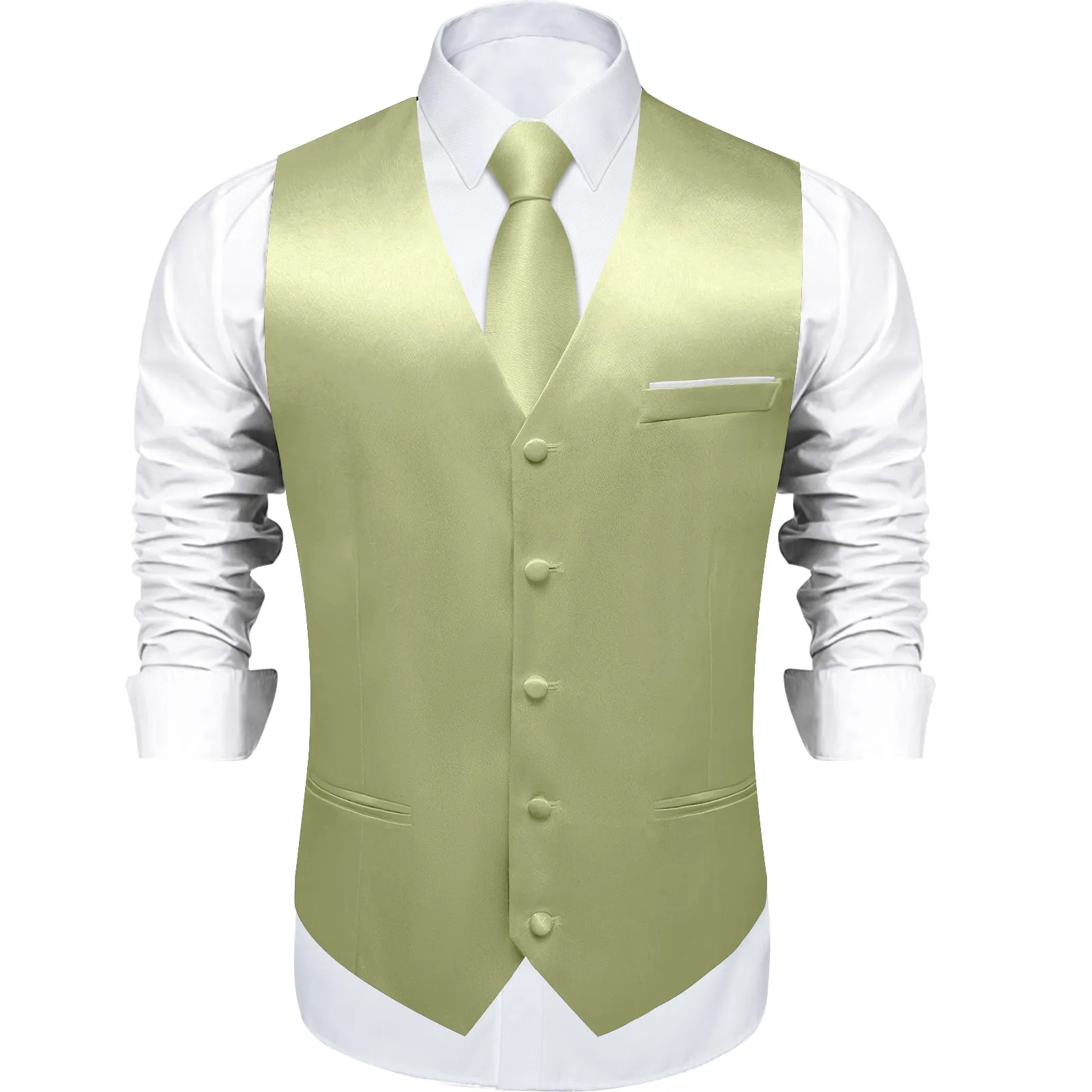 Avocado Green Solid Shining Silk Formal Men's Vest Hanky Cufflinks Tie Set