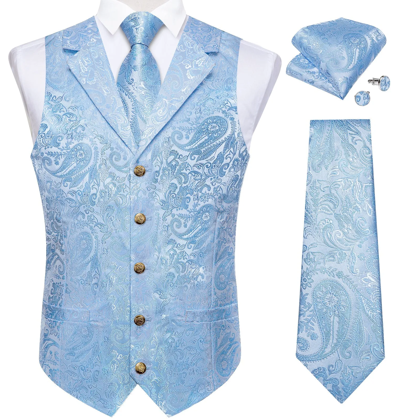 Baby Blue Luxury Paisley Jacquard Men's Collar Vest Tie Hanky Cufflinks Suit Set