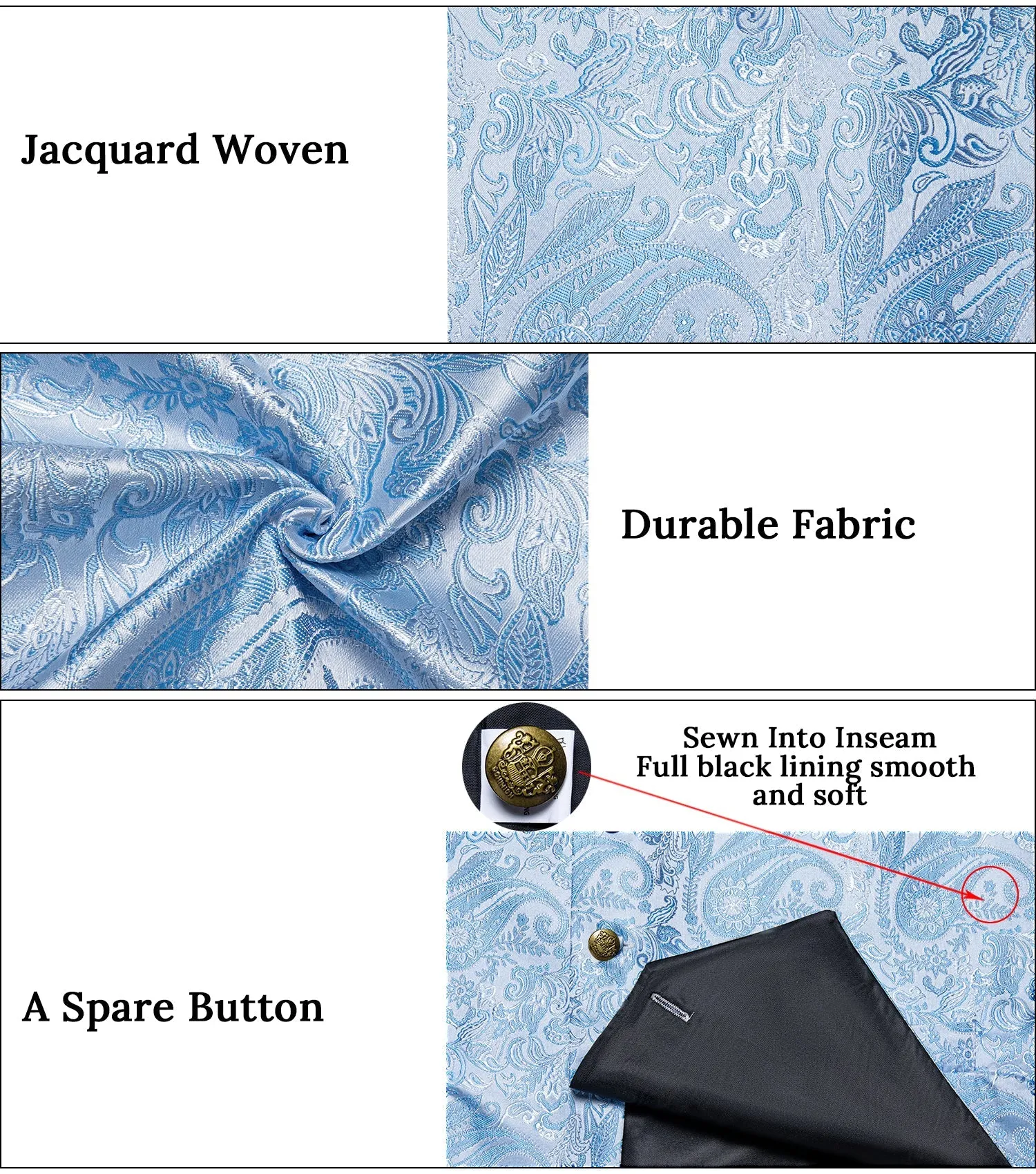 Baby Blue Luxury Paisley Jacquard Men's Collar Vest Tie Hanky Cufflinks Suit Set