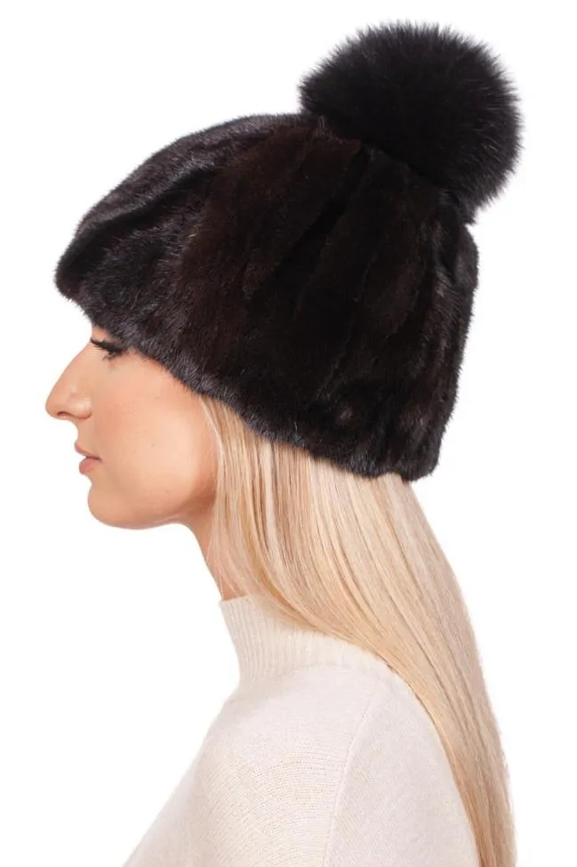 Black And Brown Mink Fur Beanie with Fox Fur Bobble