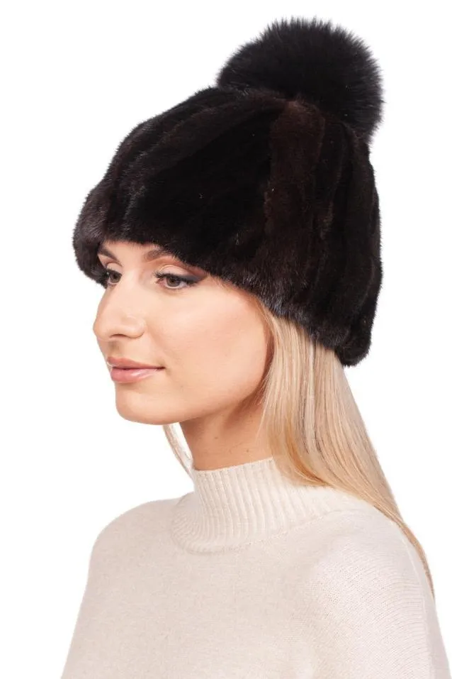 Black And Brown Mink Fur Beanie with Fox Fur Bobble