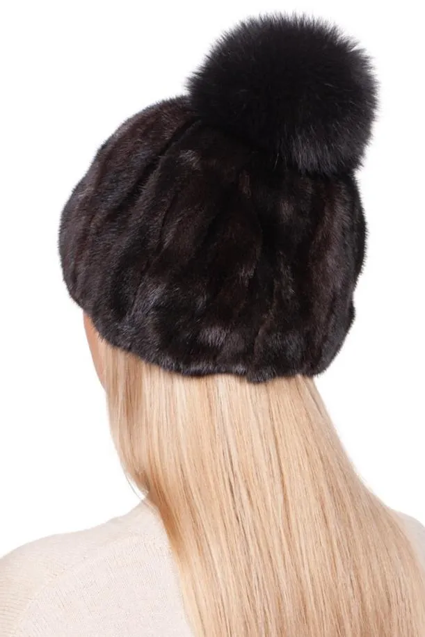 Black And Brown Mink Fur Beanie with Fox Fur Bobble