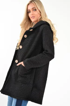 Black Borg Button Front Hooded Coat - Idaliz