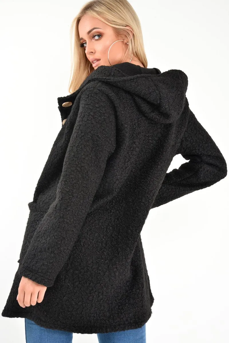 Black Borg Button Front Hooded Coat - Idaliz