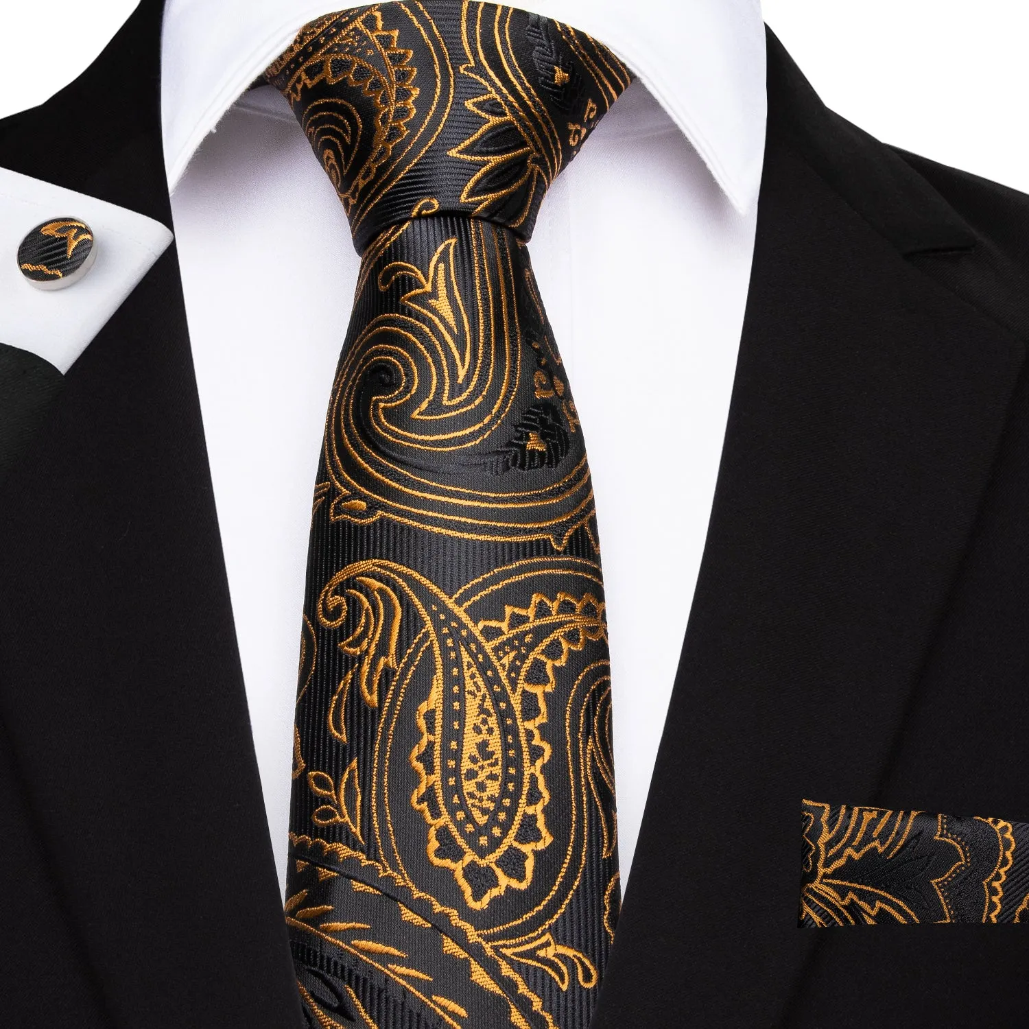 Black Collar Black Gold Paisley Jacquard V Neck Men's Vest Hanky Cufflinks Tie Set