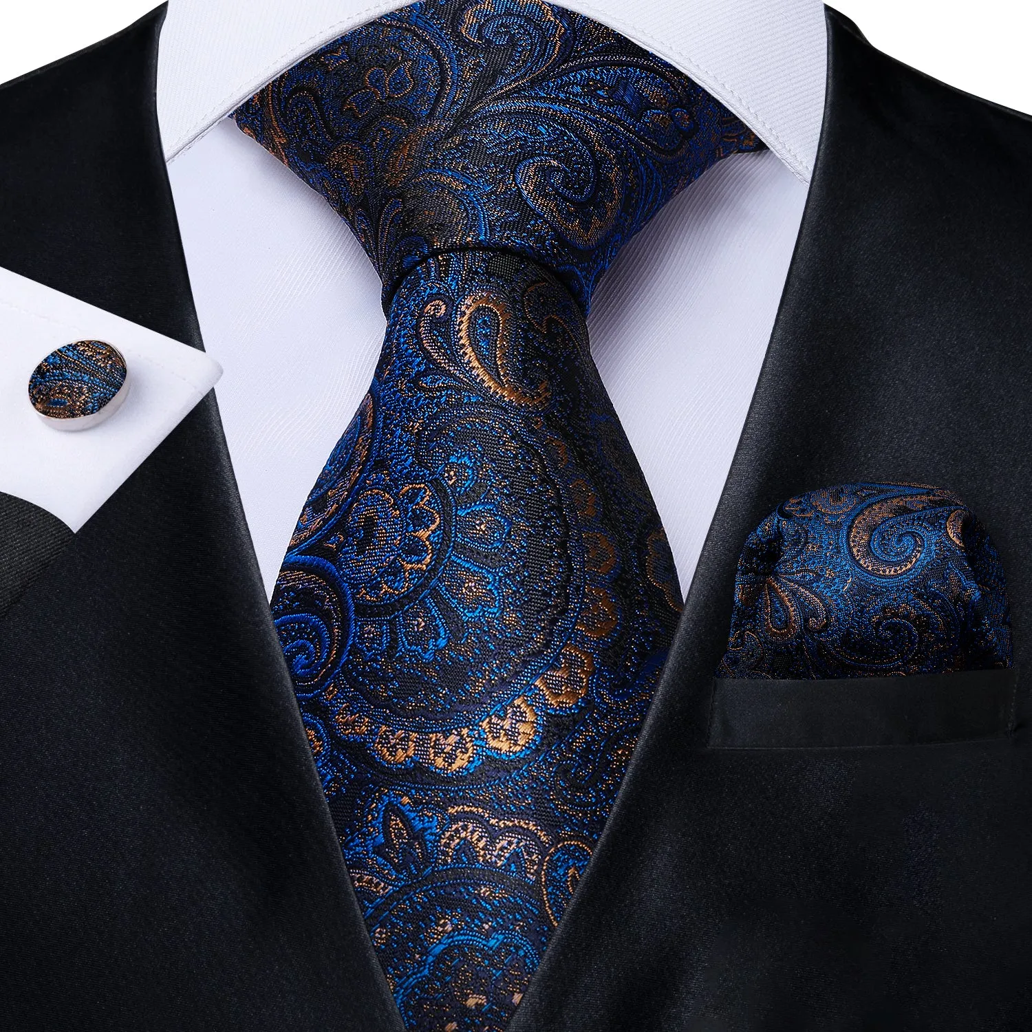 Black Collar Blue Paisley Jacquard V Neck Men's Vest Hanky Cufflinks Tie Set