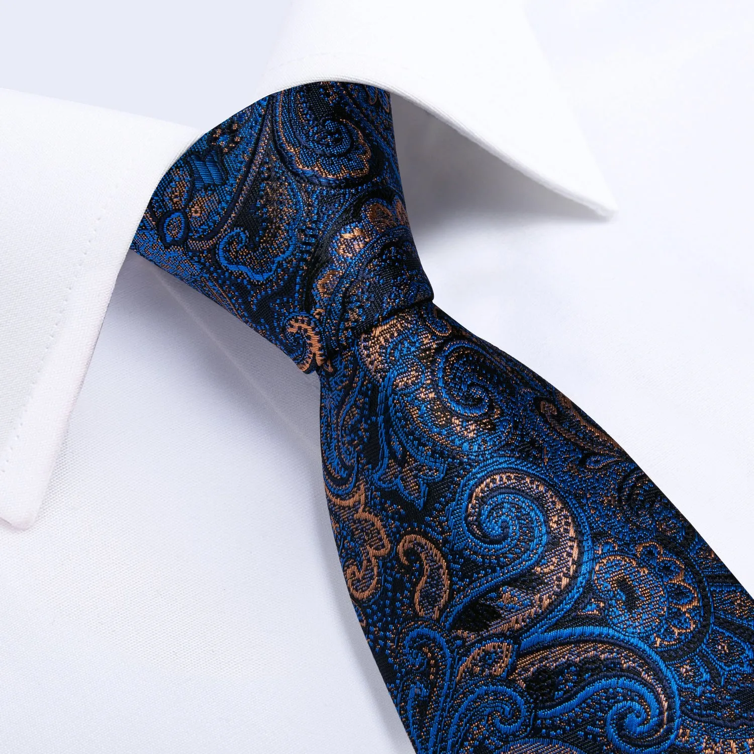 Black Collar Blue Paisley Jacquard V Neck Men's Vest Hanky Cufflinks Tie Set