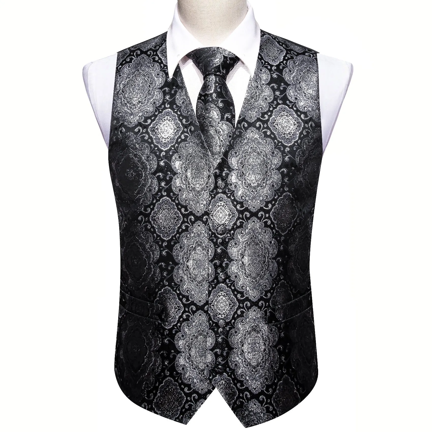 Black Grey Novelty Jacquard Silk Men's Vest Hanky Cufflinks Tie Set