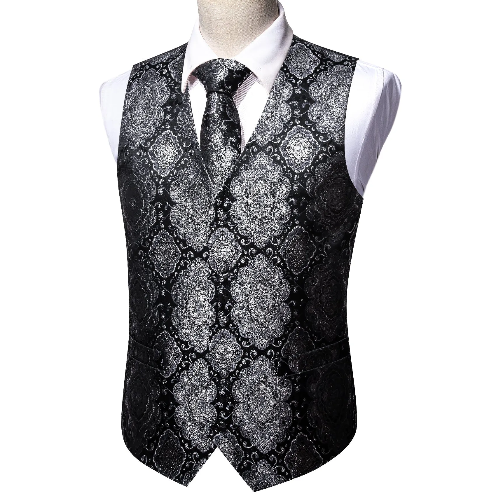 Black Grey Novelty Jacquard Silk Men's Vest Hanky Cufflinks Tie Set