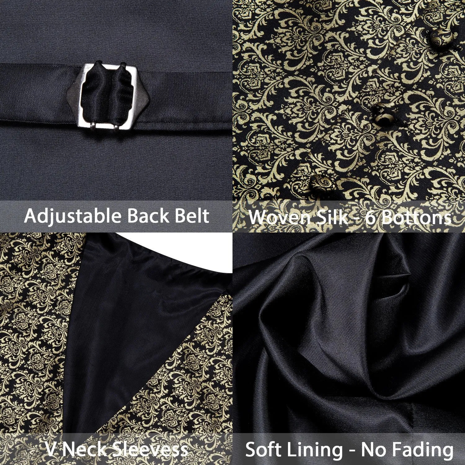 Black Metallic Novelty Silk Men's Vest Tie Hanky Cufflinks Set Waistcoat Suit Set