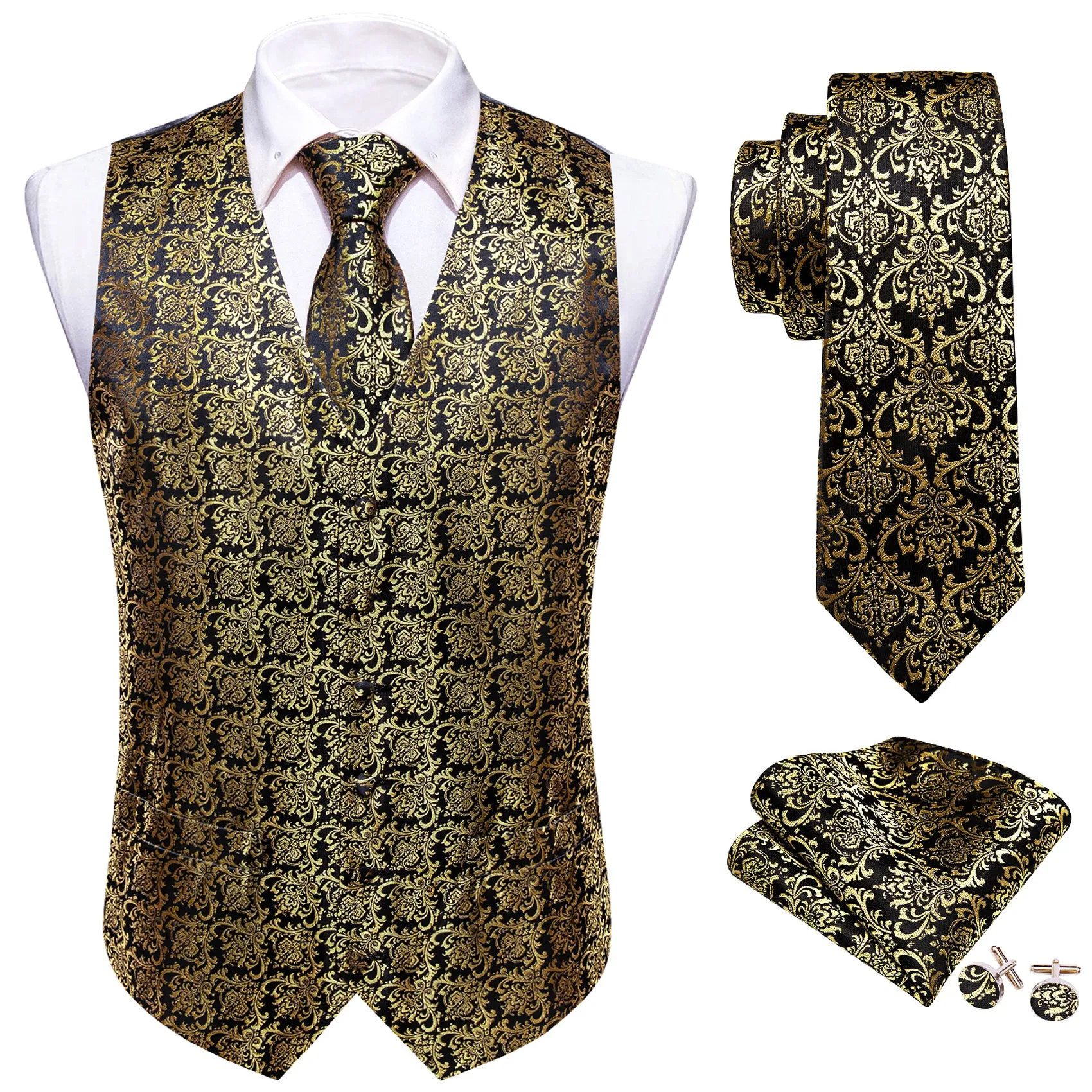 Black Metallic Novelty Silk Men's Vest Tie Hanky Cufflinks Set Waistcoat Suit Set