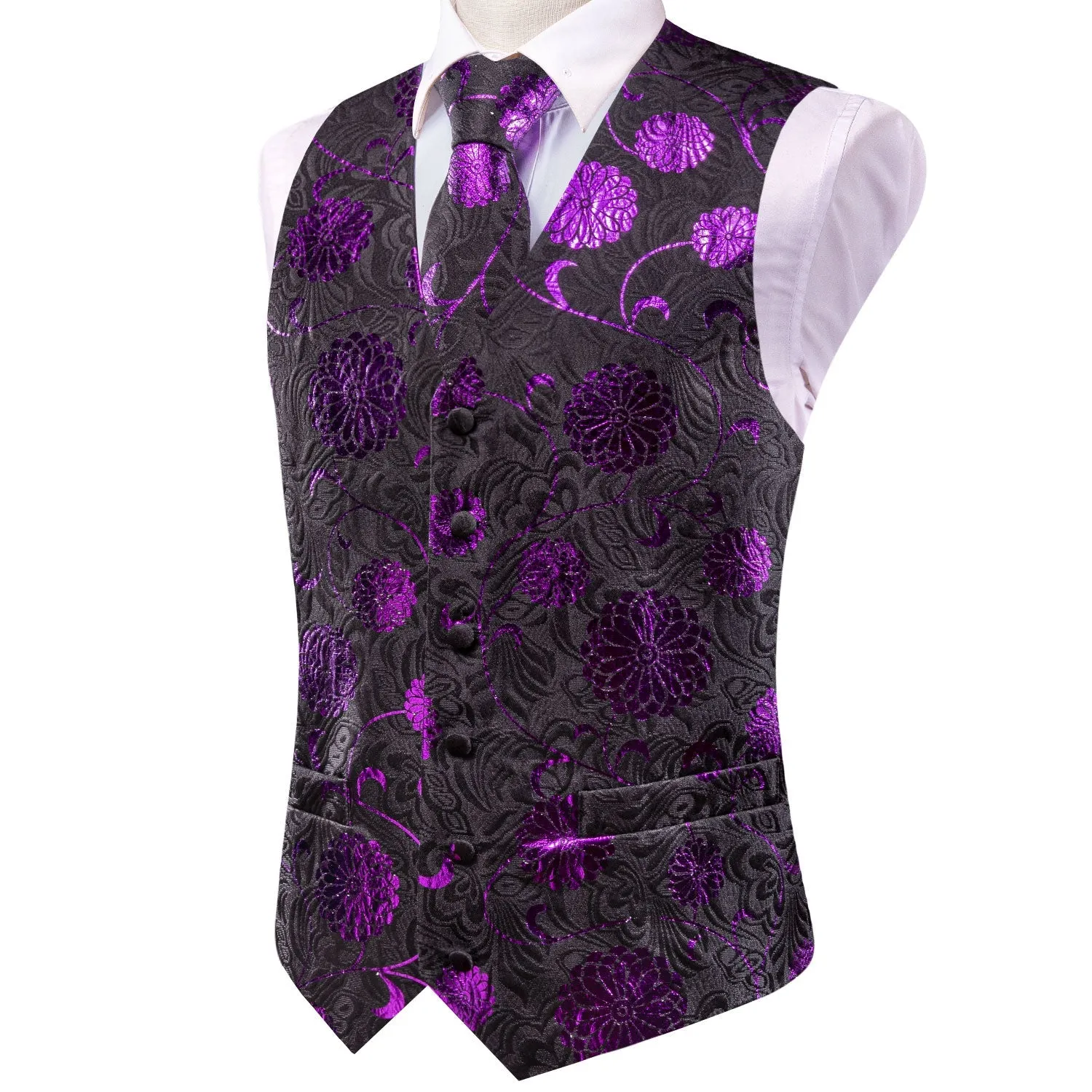 Black Purple Flower Floral Jacquard Silk Men's Vest Hanky Cufflinks Tie Set