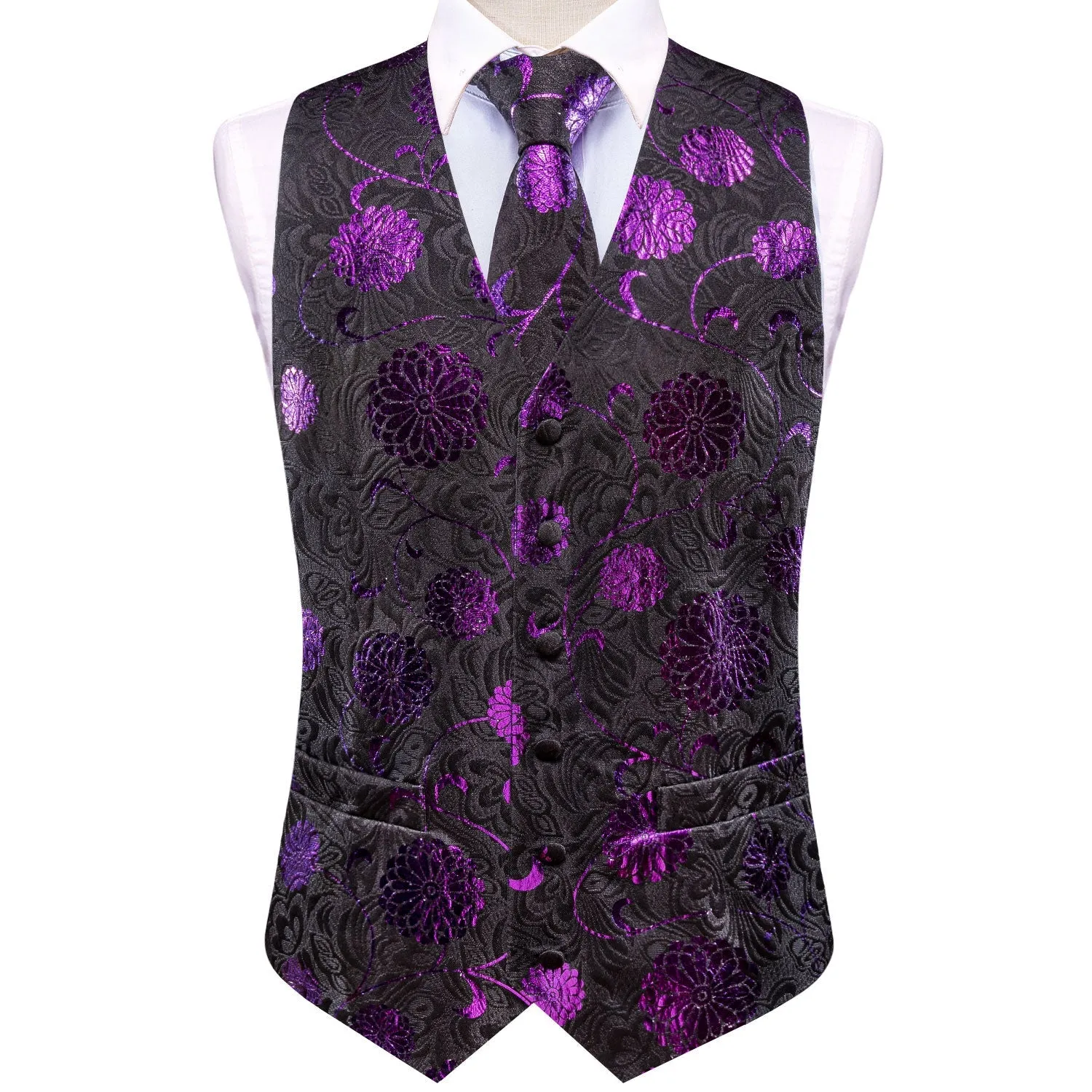 Black Purple Flower Floral Jacquard Silk Men's Vest Hanky Cufflinks Tie Set