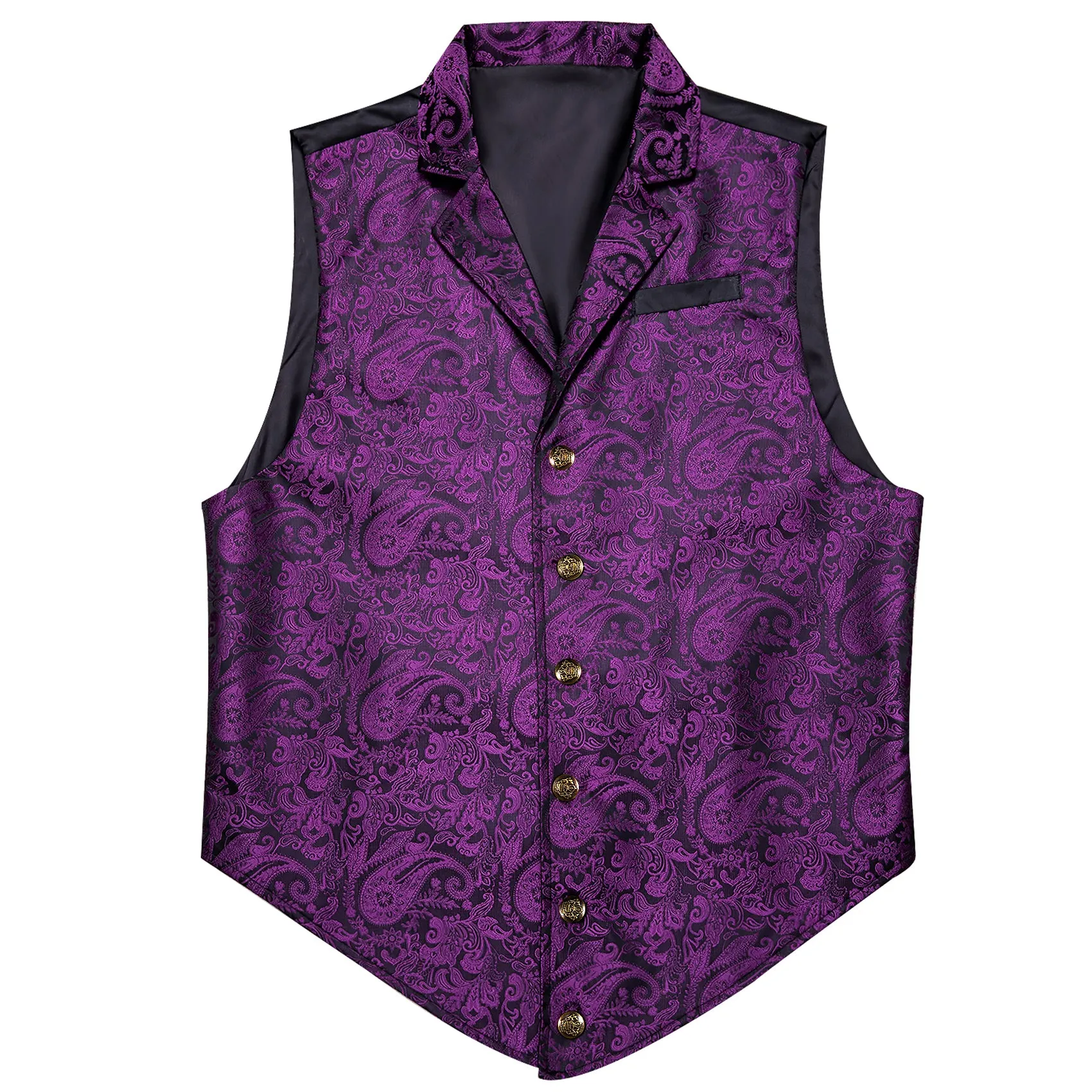 Black Purple Paisley Jacquard Men's Collar Victorian Suit Vest Tie Hanky Cufflinks Set