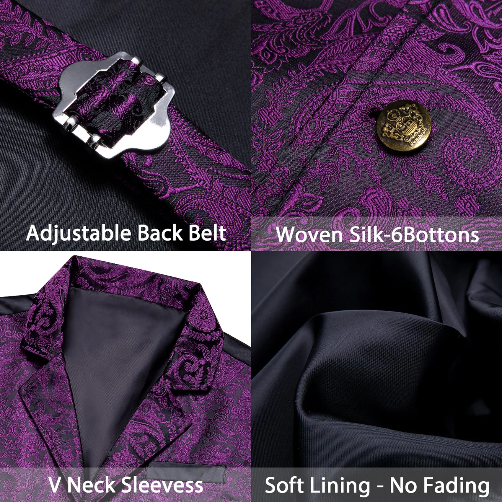 Black Purple Paisley Jacquard Men's Collar Victorian Suit Vest Tie Hanky Cufflinks Set