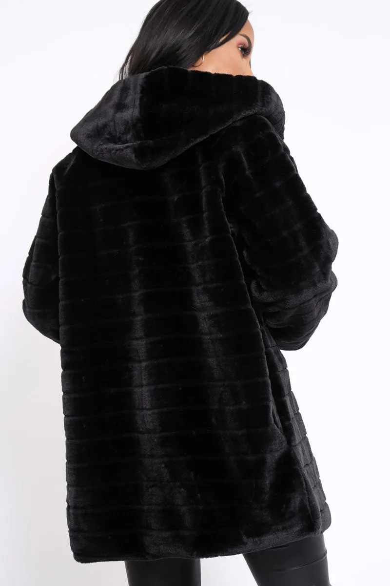 Black Soft Faux Fur Hooded Coat - Kila