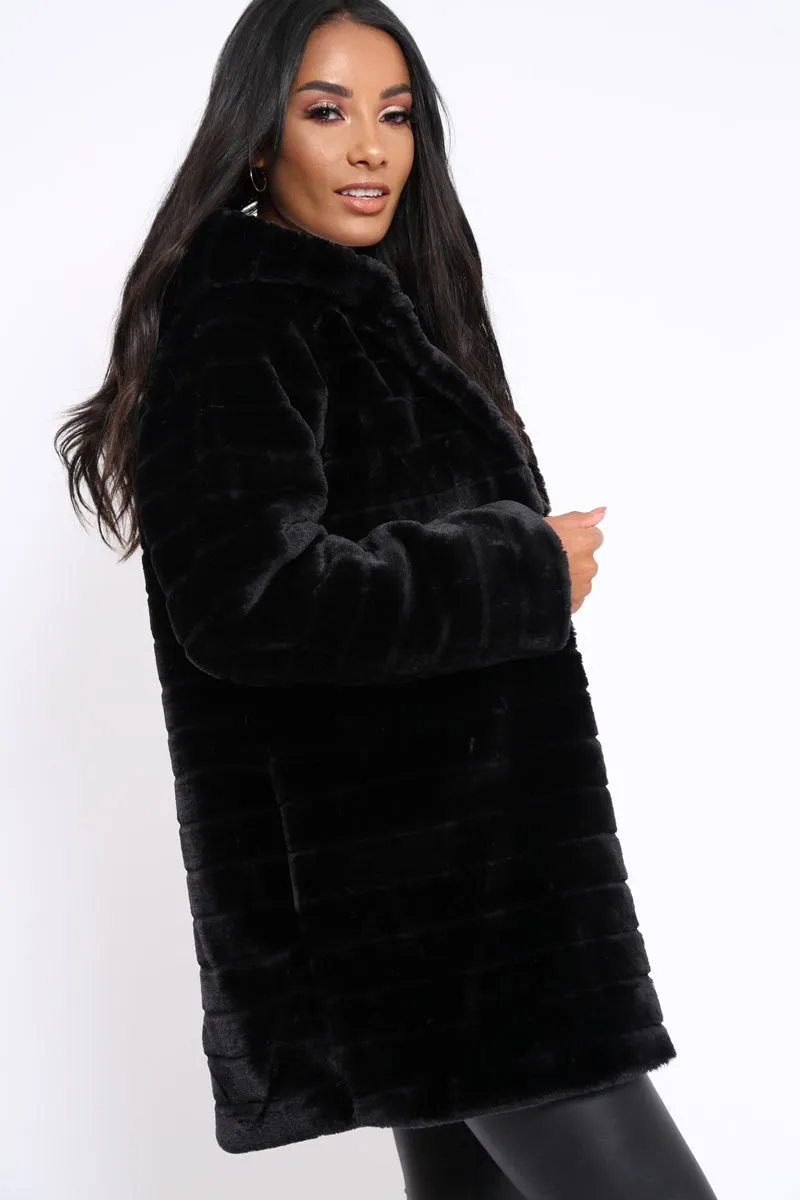 Black Soft Faux Fur Hooded Coat - Kila