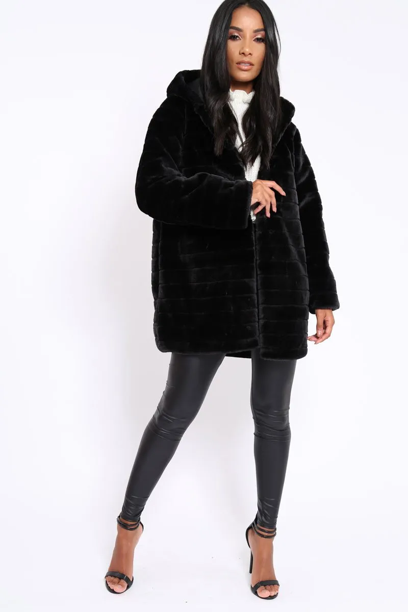 Black Soft Faux Fur Hooded Coat - Kila