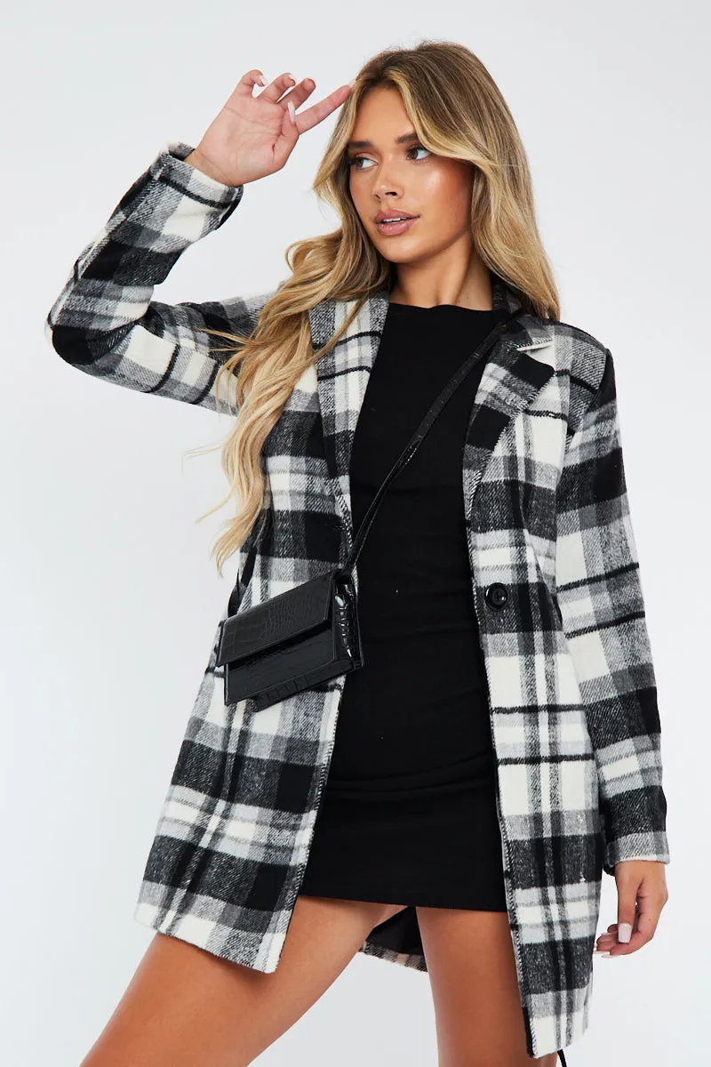 Black White Checked Mid Length Coat - Ezel