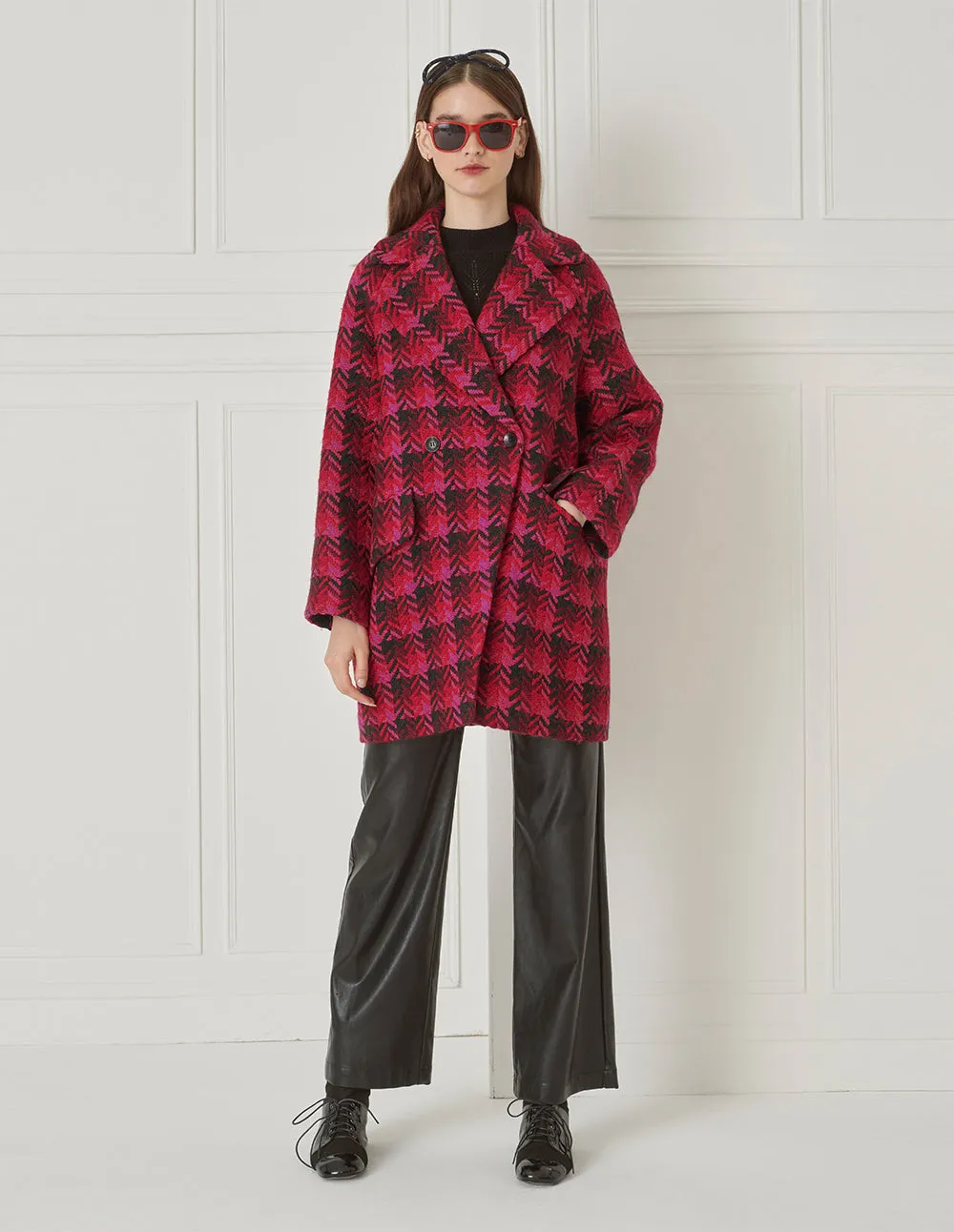 BORA AKSU Retro Houndstooth Lapel Tweed Long Coat