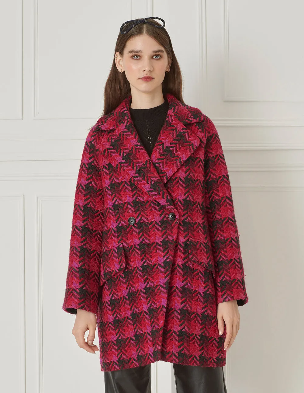 BORA AKSU Retro Houndstooth Lapel Tweed Long Coat