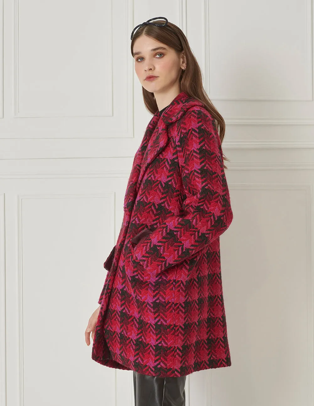 BORA AKSU Retro Houndstooth Lapel Tweed Long Coat