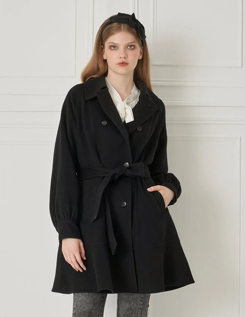 BORA AKSU Retro Puff Sleeve Mulberry Silk Blended Wool Coat