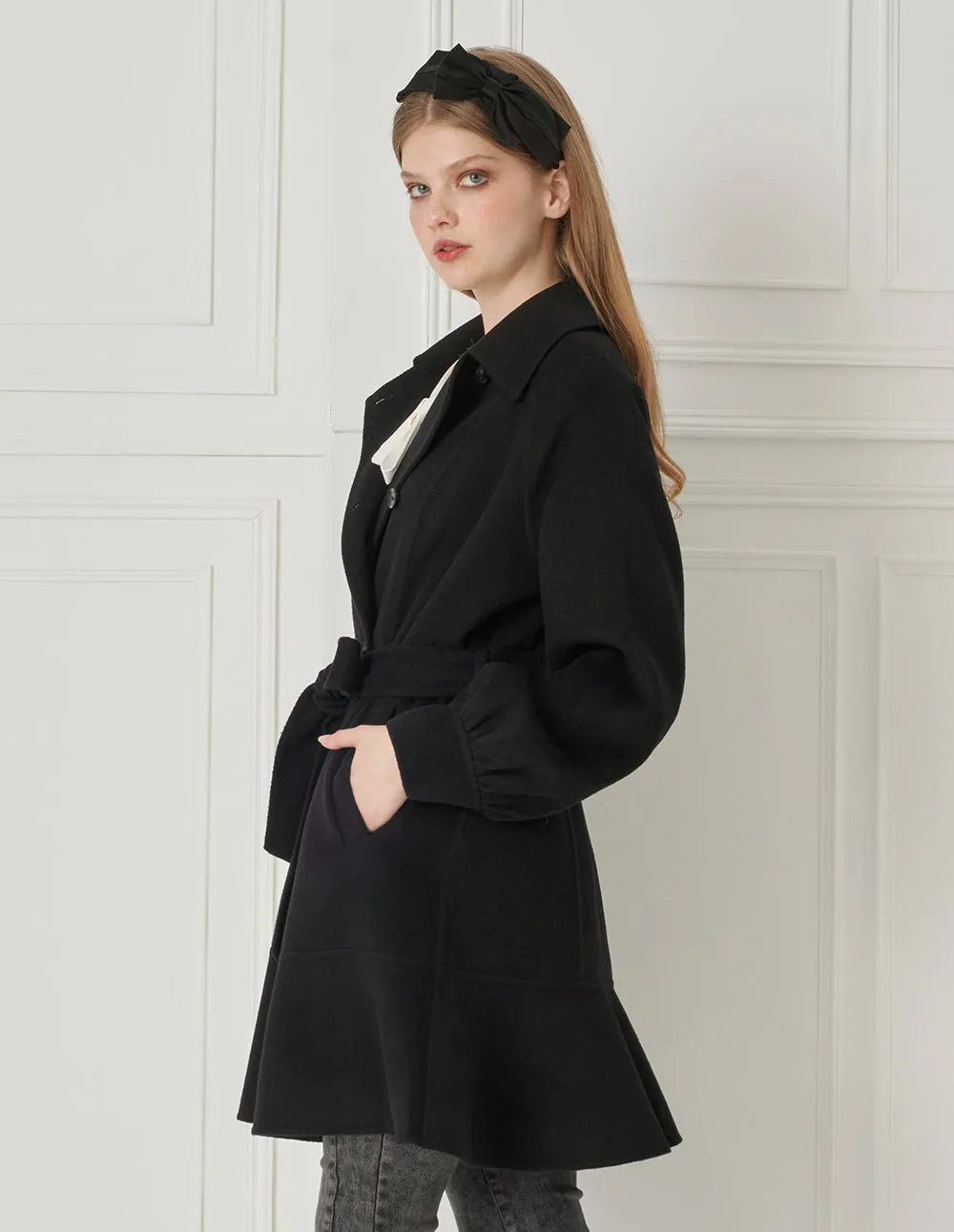 BORA AKSU Retro Puff Sleeve Mulberry Silk Blended Wool Coat