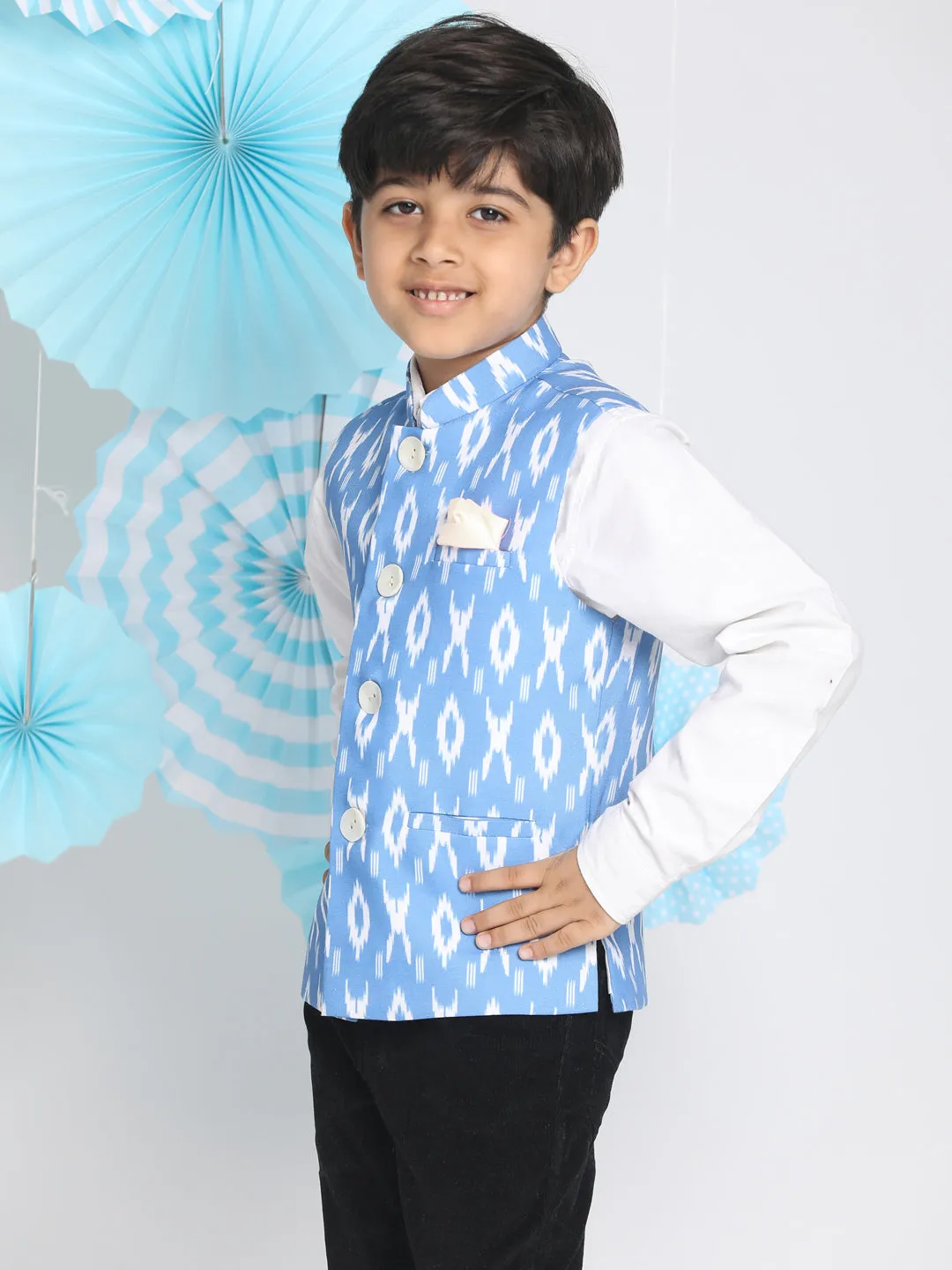 Boy's Aqua Blue Ikkat Nehru Jacket - Vastramay Boys