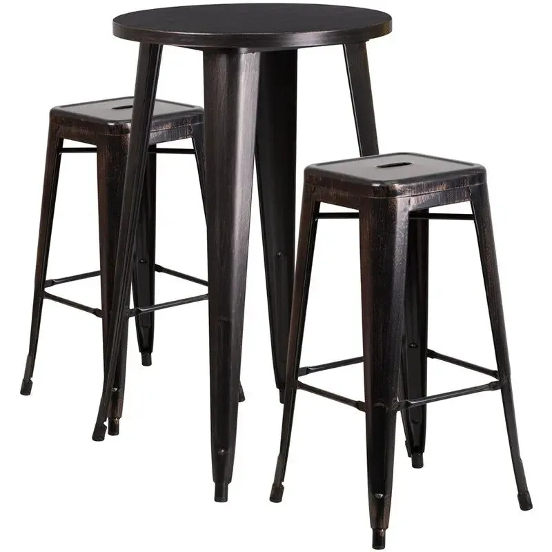 Brimmes 3pcs Round 24'' Black-Antique Gold Metal Table w/2 Square Backless Barstool