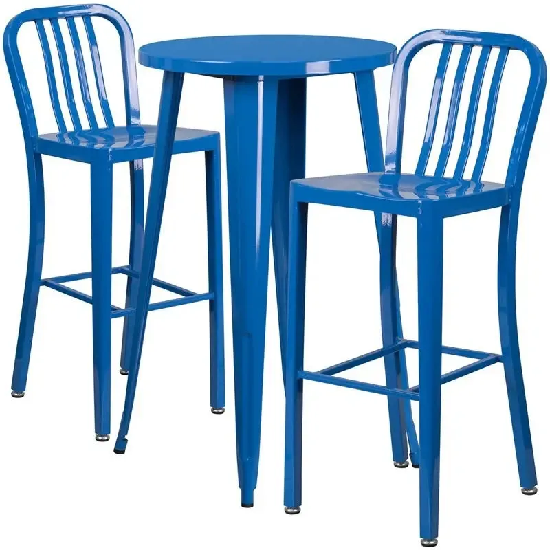 Brimmes 3pcs Round 24'' Blue Metal Table w/2 Vertical Slat Back Barstool