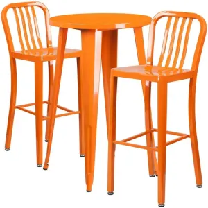 Brimmes 3pcs Round 24'' Orange Metal Table w/2 Vertical Slat Back Barstool