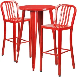 Brimmes 3pcs Round 24'' Red Metal Table w/2 Vertical Slat Back Barstool