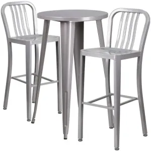 Brimmes 3pcs Round 24'' Silver Metal Table w/2 Vertical Slat Back Barstool