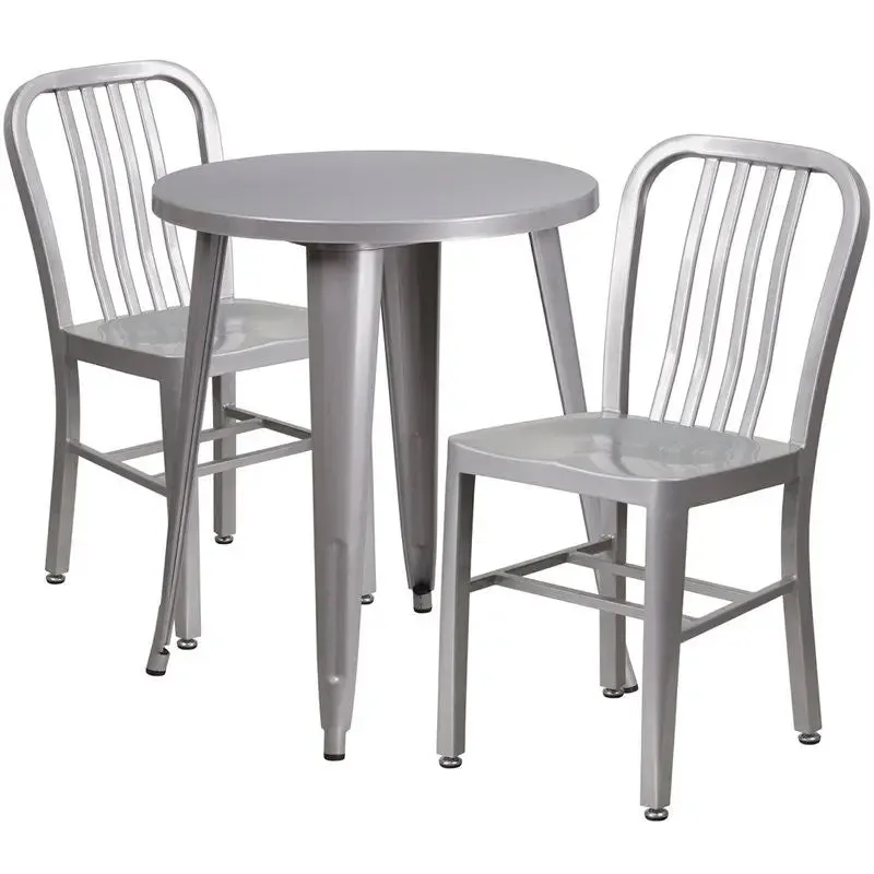 Brimmes 3pcs Round 24'' Silver Metal Table w/2 Vertical Slat Back Chairs