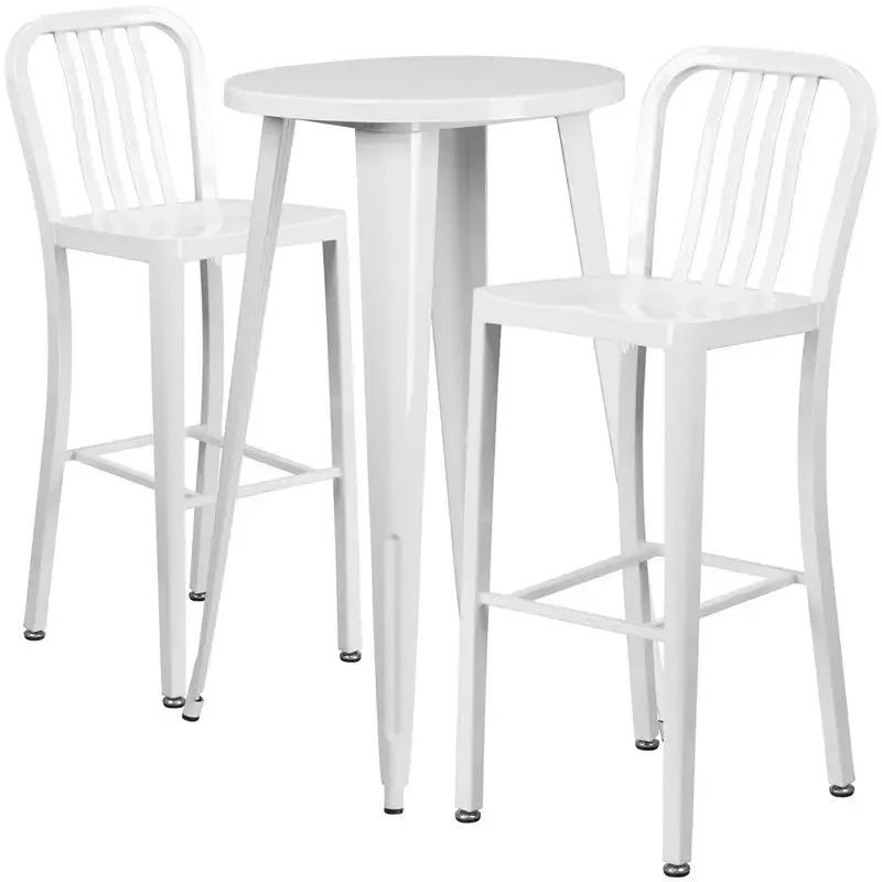 Brimmes 3pcs Round 24'' White Metal Table w/2 Vertical Slat Back Barstool