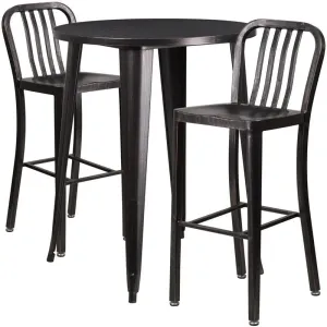 Brimmes 3pcs Round 30'' Black-Antique Gold Metal Table w/2 Vertical Slat Back Barstool