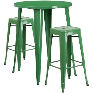 Brimmes 3pcs Round 30'' Green Metal Table w/2 Square Seat Backless Barstool