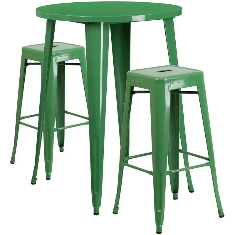 Brimmes 3pcs Round 30'' Green Metal Table w/2 Square Seat Backless Barstool