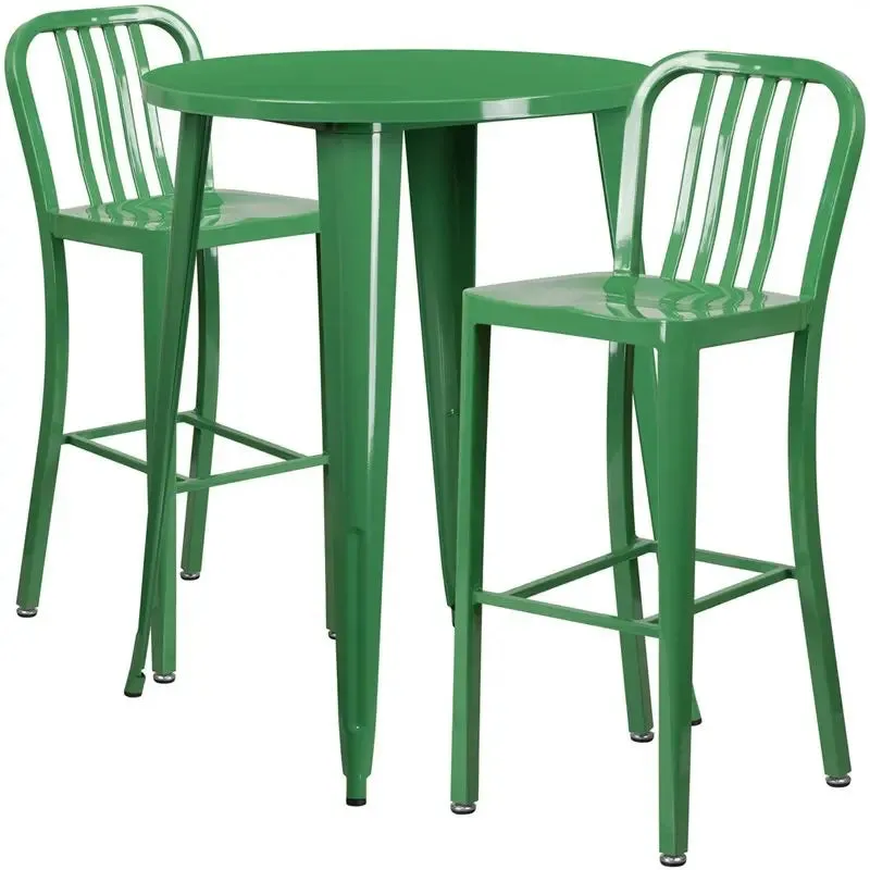 Brimmes 3pcs Round 30'' Green Metal Table w/2 Vertical Slat Back Barstool